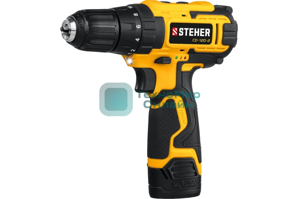 Дрель-шуруповерт аккумуляторная STEHER CD-120-2, Аккумуляторная, 12В, 2 АКБ, Кейс