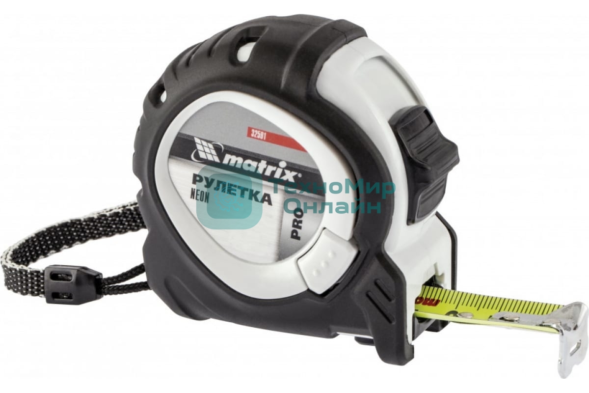 Рулетка Matrix Neon, 5 м x 25 мм, обрезиненный корпус, 3 фиксации, PRO