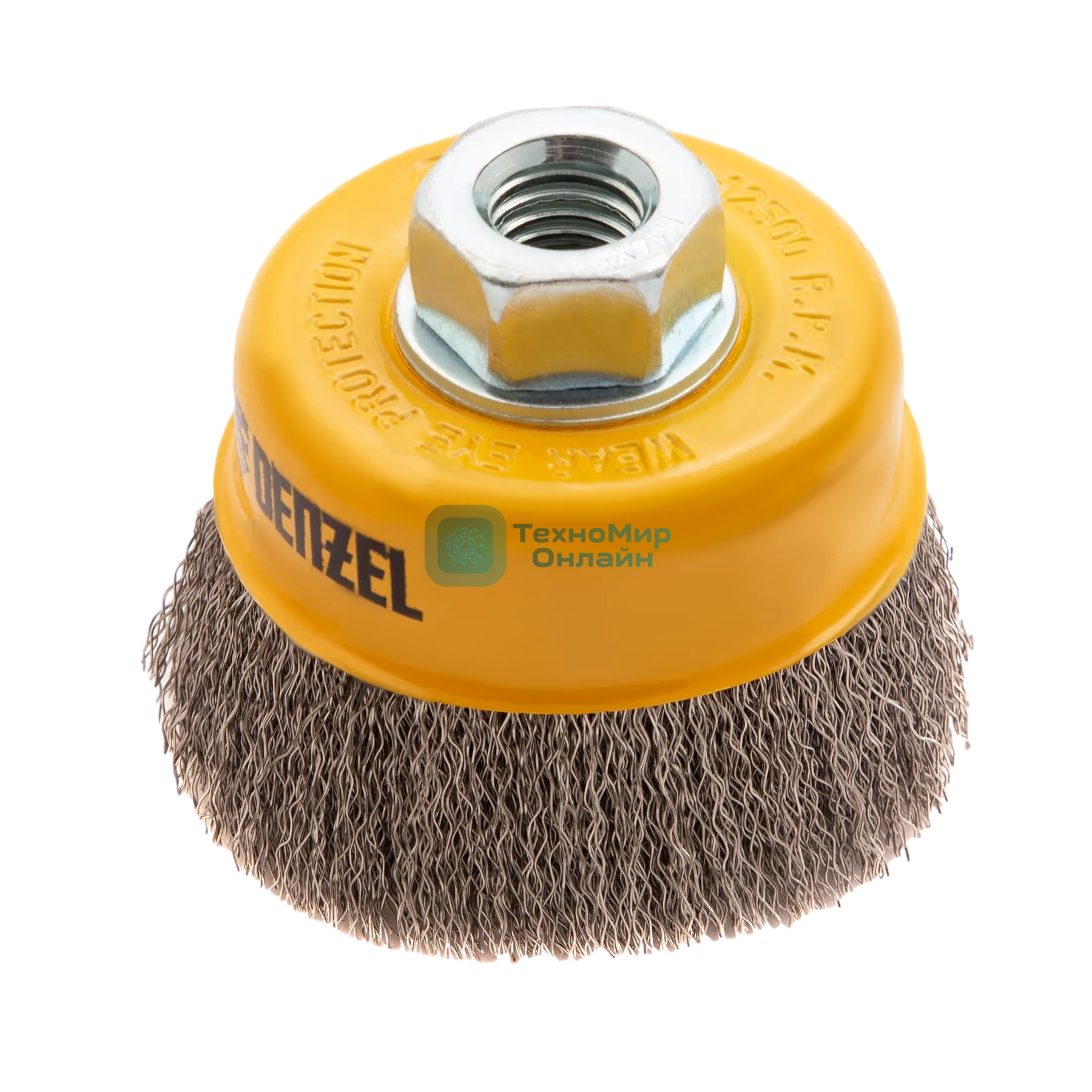 Щетка для УШМ Denzel 75 мм, М14, чашка, витая нержавеющая проволока 0,3 мм