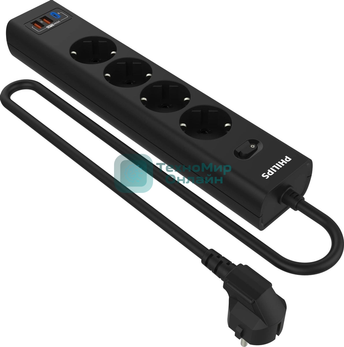 Сетевой фильтр Philips CHP8246BB/51, 3м, 4 розетки, черный