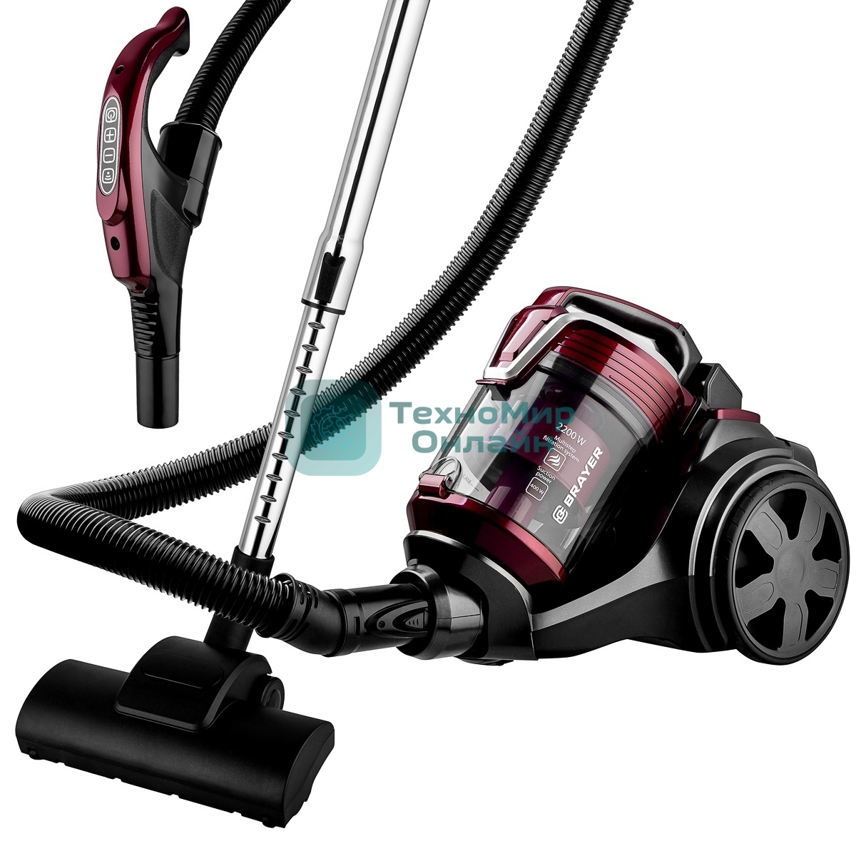 Пылесос BRAYER BR4211 черный/бордовый, 400/2200 Вт, уборка сухая, пылесборник контейнер, 3 л