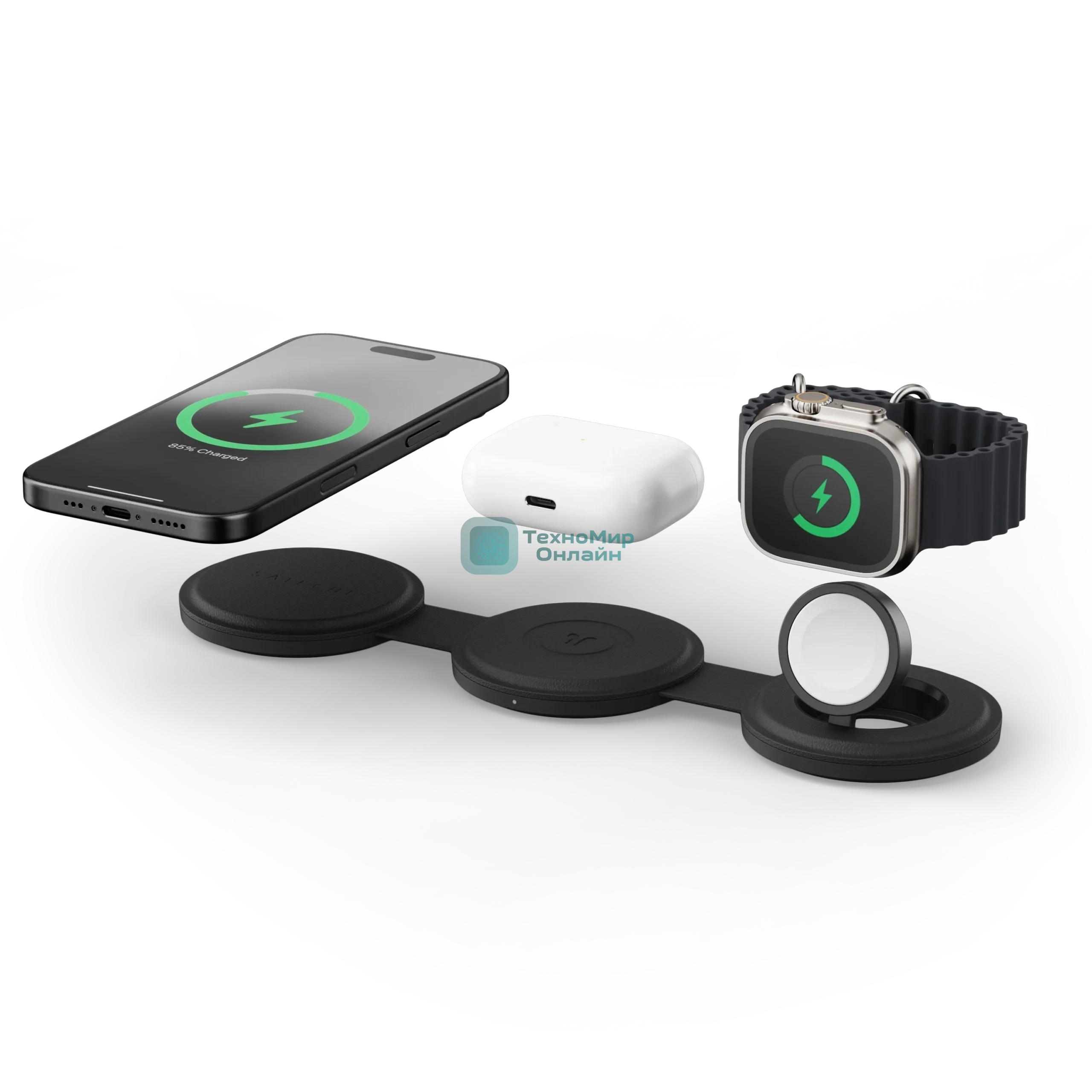 Переносное зарядное устройство Satechi Qi2 OntheGo 3-in-1 Wireless Charger, черный