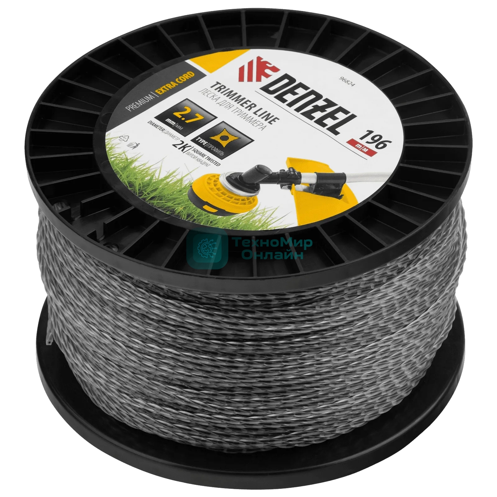 Леска для триммера Denzel двухкомпонентная витой квадрат, 2,7мм х 196м, на DIN катушке EXTRA CORD