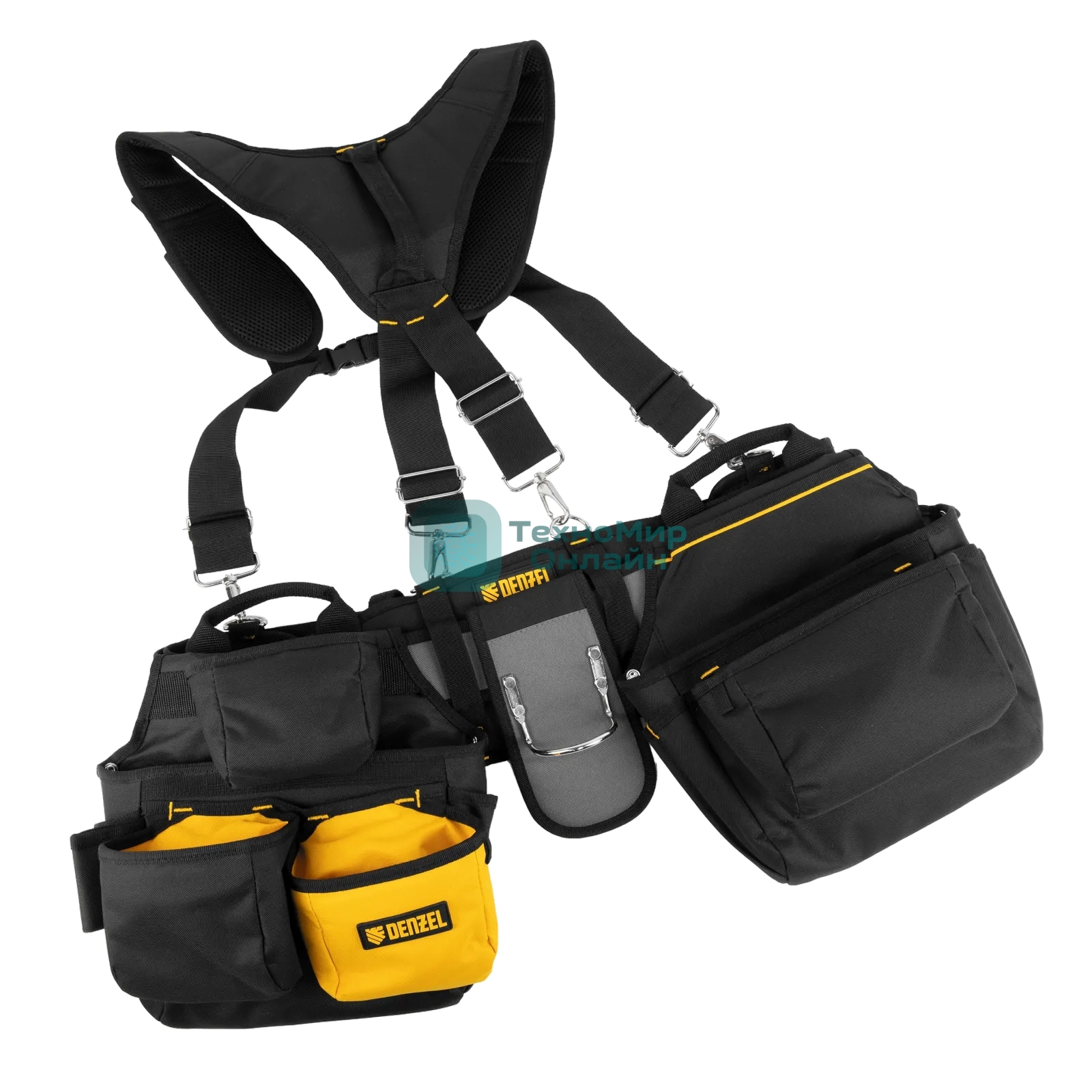 Пояс монтажника усиленный Denzel с лямками, сумки поясные, держатель для молотка