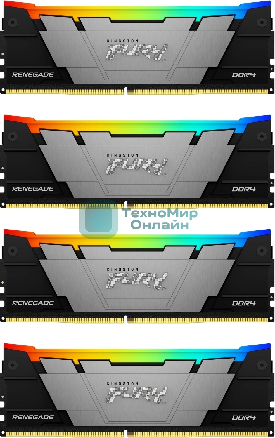 Оперативная память Kingston Fury Renegade, DDR4, 32Gb (4x8GB), 3200MHz, CL16, DIMM, с радиаторами, RGB, серебристый/черный