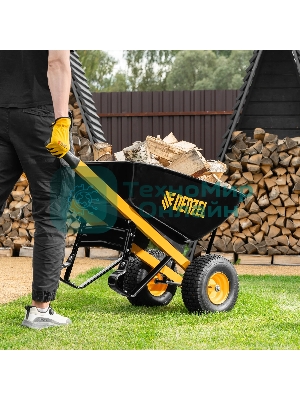 Тачка строительная Denzel усиленная, объем 140 л, 250 кг, двухколесная, колесо 15х6.00-6