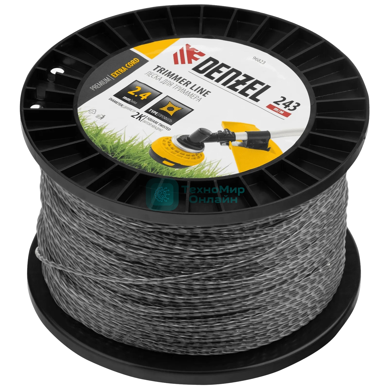 Леска для триммера Denzel двухкомпонентная витой квадрат, 2,4мм х 243м, на DIN катушке EXTRA CORD
