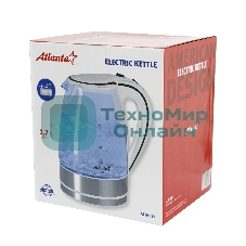 Чайник Atlanta, ATH-691 белый, стекло Стекло, 2,0л, 2000 Вт, иллюминация, быстрое закипание, фильтр от накипи, защита от перегрева.