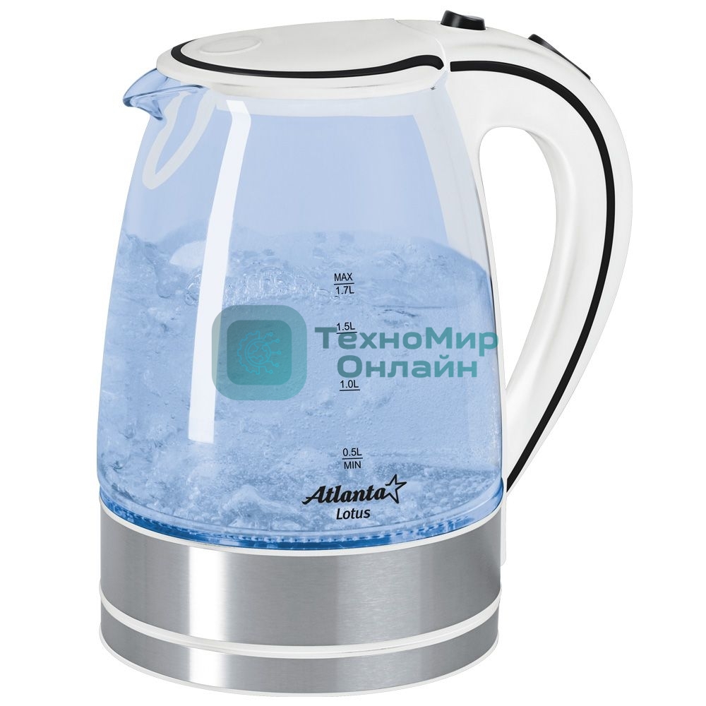 Чайник Atlanta, ATH-691 белый, стекло Стекло, 2,0л, 2000 Вт, иллюминация, быстрое закипание, фильтр от накипи, защита от перегрева.