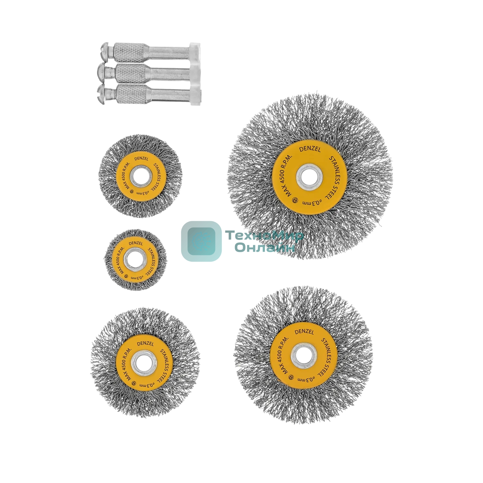Набор щеток для дрели Denzel 5 Плоских 25-38-50-63-75 мм, шпилька, нерж. вит. проволока