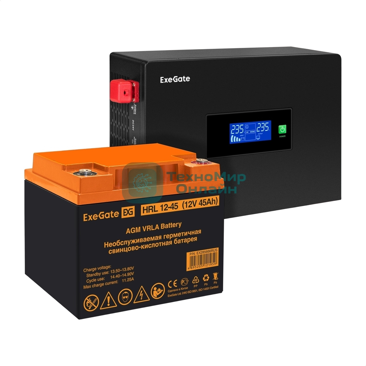 Комплект Источник бесперебойного питания EX295992RUS + батарея 45Aч EX285666RUS 1шт (инвертор, синус, для котла, PF=1, настенный) ExeGate IdealSine SR-600.LCD.2SH <600VA/600W, чистая синусоида, цветной LCD-дисплей, 2*Schuko, крепление настенное, черный> + батарея ExeGate HRL 12-45 (12В, 45А·ч) 1шт