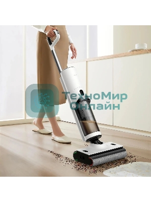 Пылесос вертикальный Deerma DEM-VX910W белый/черный, питание от аккумулятора, 230 Вт, уборка влажная/сухая, пылесборник 0.7 л, работа от АКБ max - 45 мин