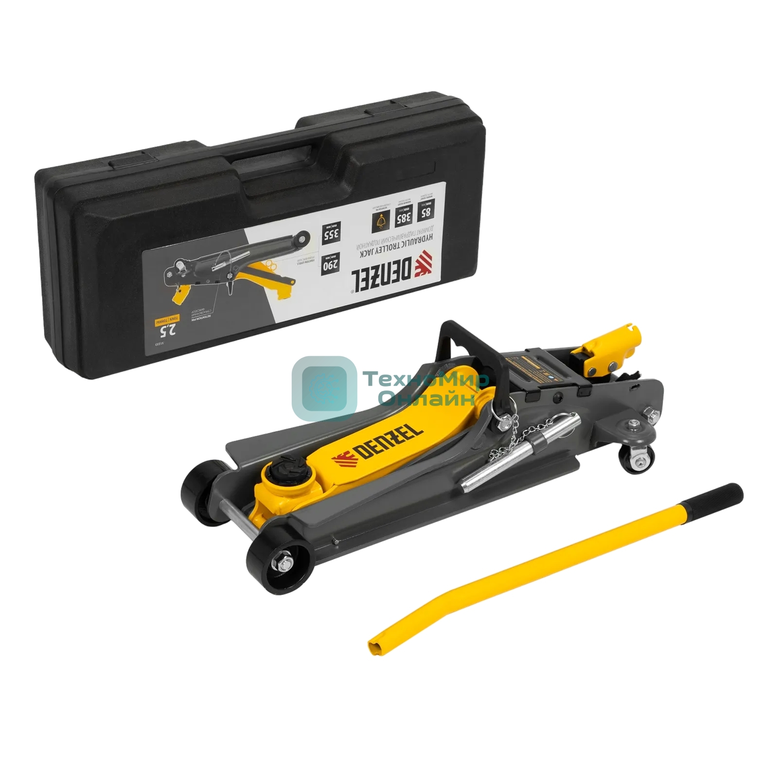 Домкрат гидравлический подкатной с фиксатором Denzel 2,5 т,85-385 мм, в пласт. кейсе