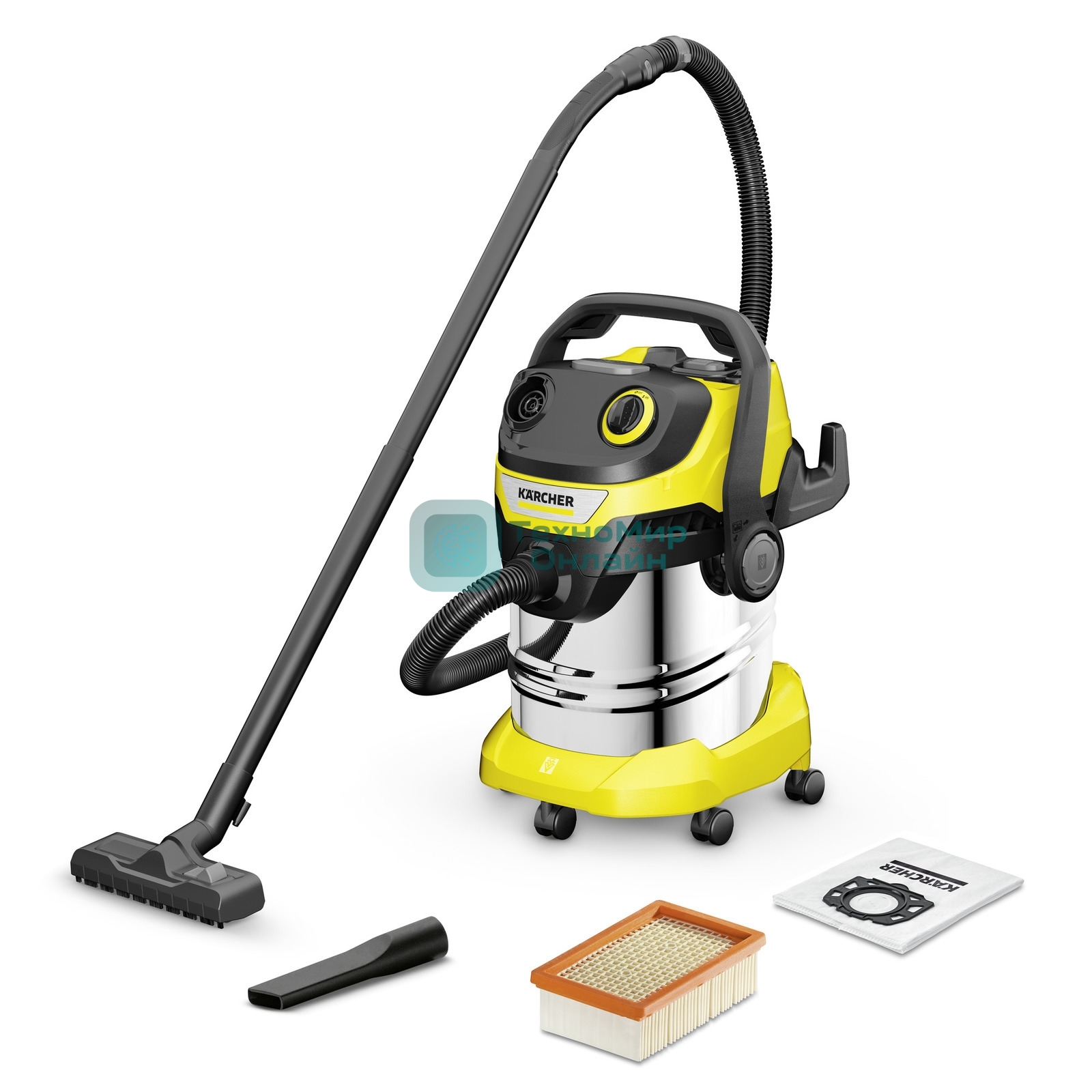 Строительный пылесос Karcher WD 5 S V-25/5/22 желтый, 1100 Вт, уборка сухая/сбор воды, пылесборник мешок/контейнер, 25 л