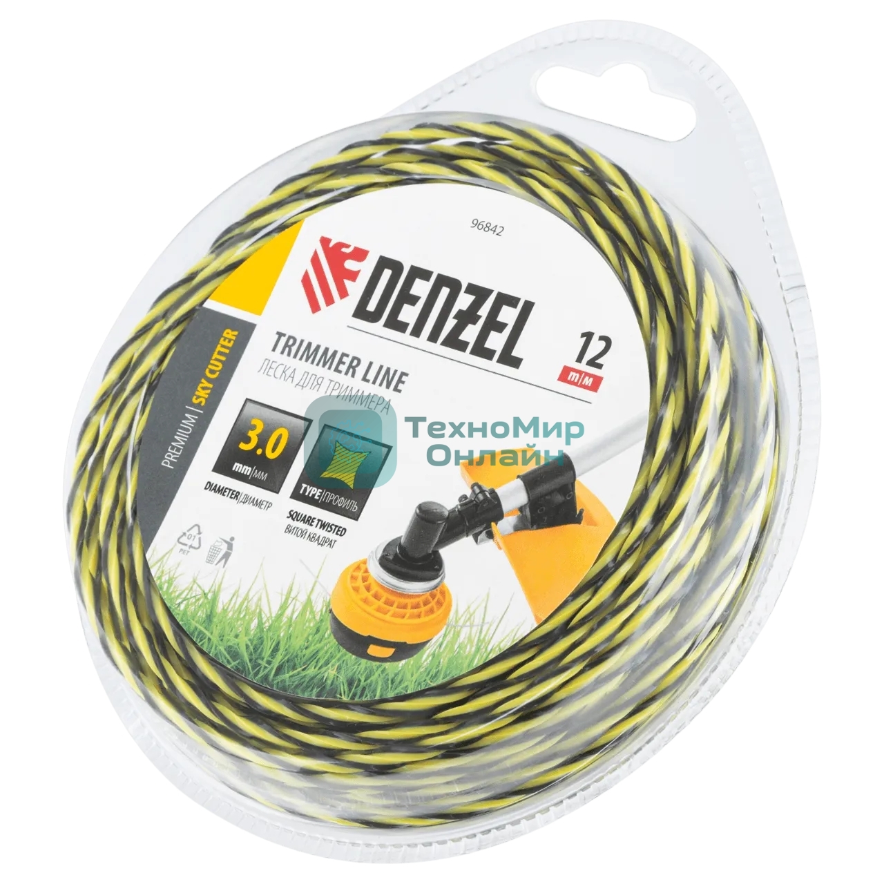 Леска для триммера Denzel двухкомпонентная витая квадратная, 3,0мм х 12м, блистер SkyCutter