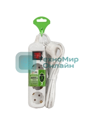 Удлинитель электрический ЭРА UDL-10-330-ES Greenline 3 розетки с заземлением с выключателем 3м ПВС 3x0.75мм2