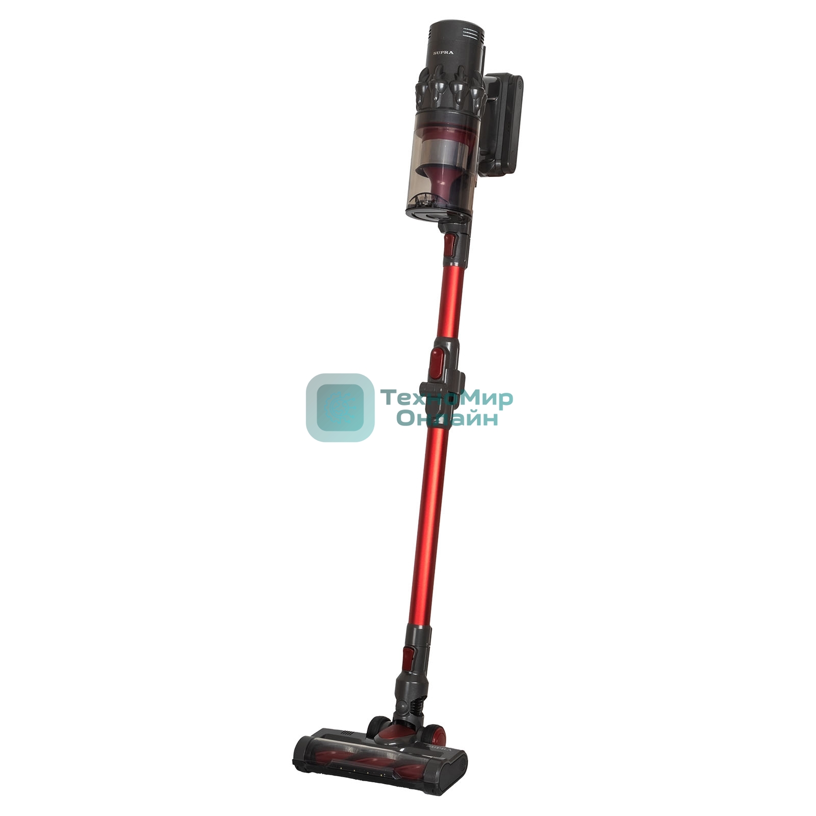 Пылесос вертикальный Supra VCS-5080 красный/серый, питание от аккумулятора, 250 Вт, уборка сухая, пылесборник 0.8 л