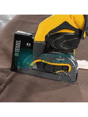 Степлер Denzel металл., скобы в комплекте, плавная регулировка удара, 2К рукоятка, тип 53, 4-14 мм