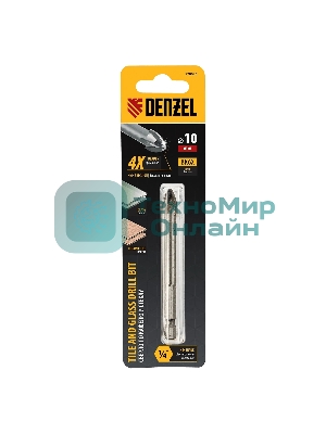 Сверло по керамической плитке Denzel 10 мм, крестовая пластина, 6-гр. хвостовик