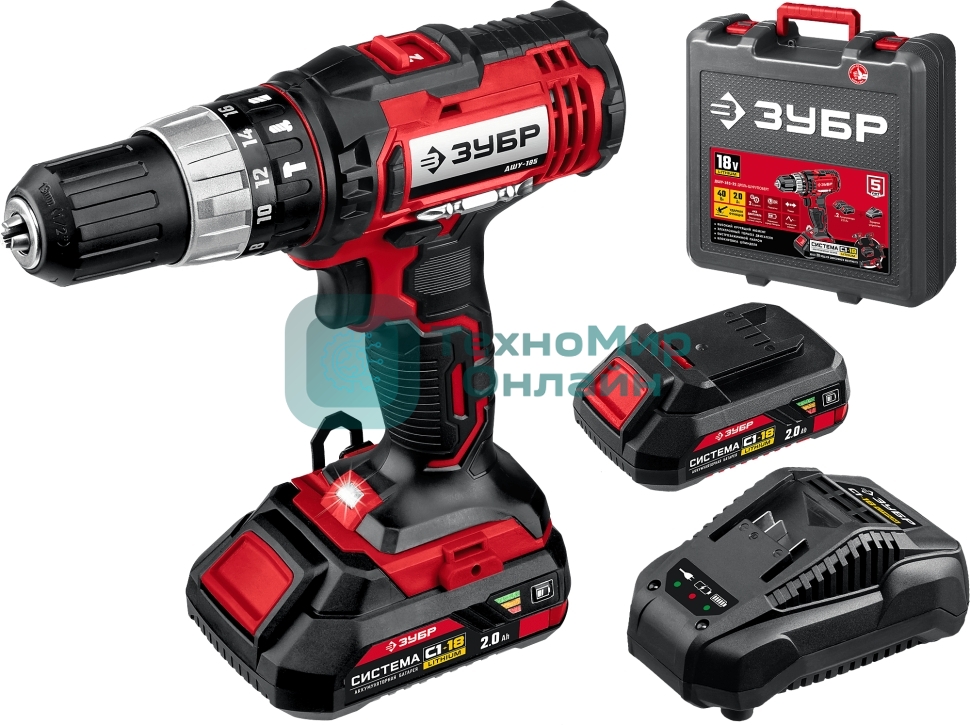 Дрель-шуруповерт аккумуляторная Зубр ДШУ-185-22, Аккумуляторный, 18В, 2 АКБ, Ударный, Кейс