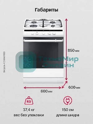 Плита газовая Hansa FCGW61000 белый, конфорок 4 шт, духовка 58 л, 60 см x 85 см x 60 см