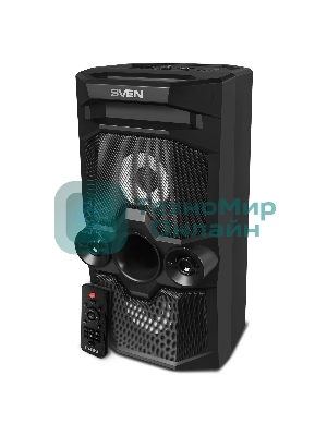 Мобильные колонки SVEN PS-655 2.0 черные (2x25W, mini Jack, USB Type-C, USB flash, Bluetooth, FM, micro SD, ПДУ, LED экран, 4400 мA, RGB подсветка)