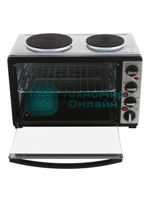 Мини-печь Mystery MOT-3330 (нержавеющая сталь, 1500 Вт, 2 конфорки, гриль, съемный вертел)