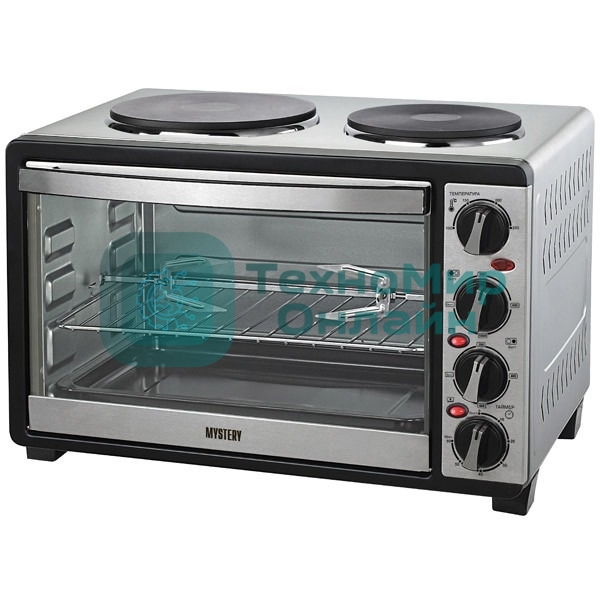 Мини-печь Mystery MOT-3330 (нержавеющая сталь, 1500 Вт, 2 конфорки, гриль, съемный вертел)