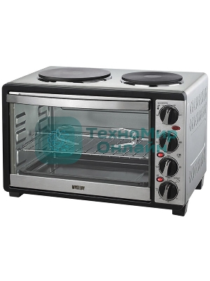 Мини-печь Mystery MOT-3330 (нержавеющая сталь, 1500 Вт, 2 конфорки, гриль, съемный вертел)