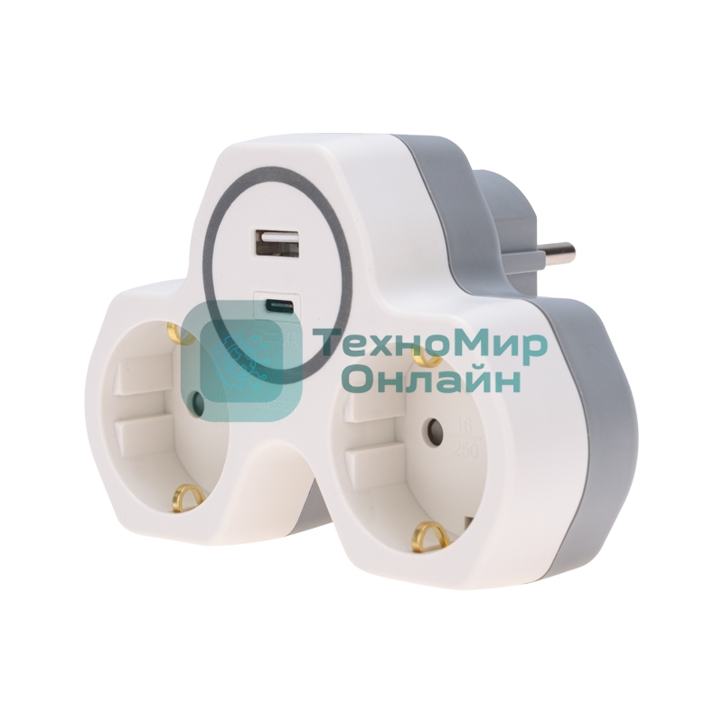 Двойник Rexant электрический (разветвитель) 16А с/з + USB-A + USB-C с защитными шторками, белый