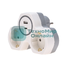 Двойник Rexant электрический (разветвитель) 16А с/з + USB-A + USB-C с защитными шторками, белый