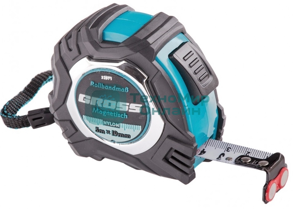 Рулетка Gross Magnetisch, 5 м х 19мм, обрезин. корпус, автоматич. фиксация, нейлон. покр., магн. зацеп