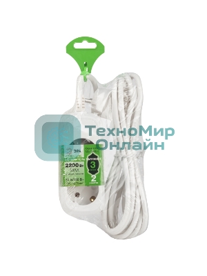 Удлинитель электрический ЭРА UDL-10-230-E Greenline 2 розетки с заземлением 3м ПВС 3x0.75мм2