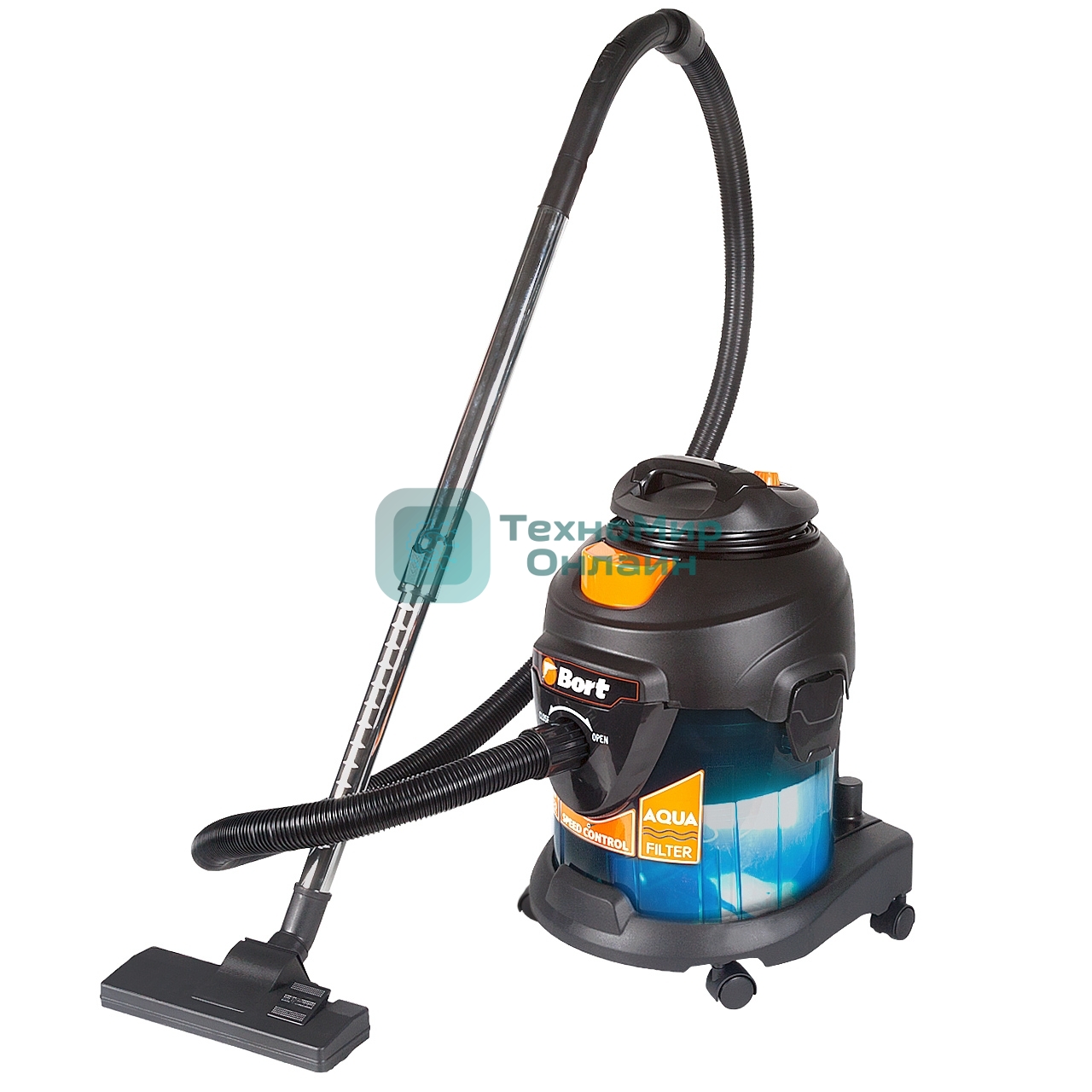 Строительный пылесос Bort BSS-1415-Aqua черный/синий, 200/1400 Вт, уборка сухая/влажная, пылесборник мешок/контейнер, 15 л