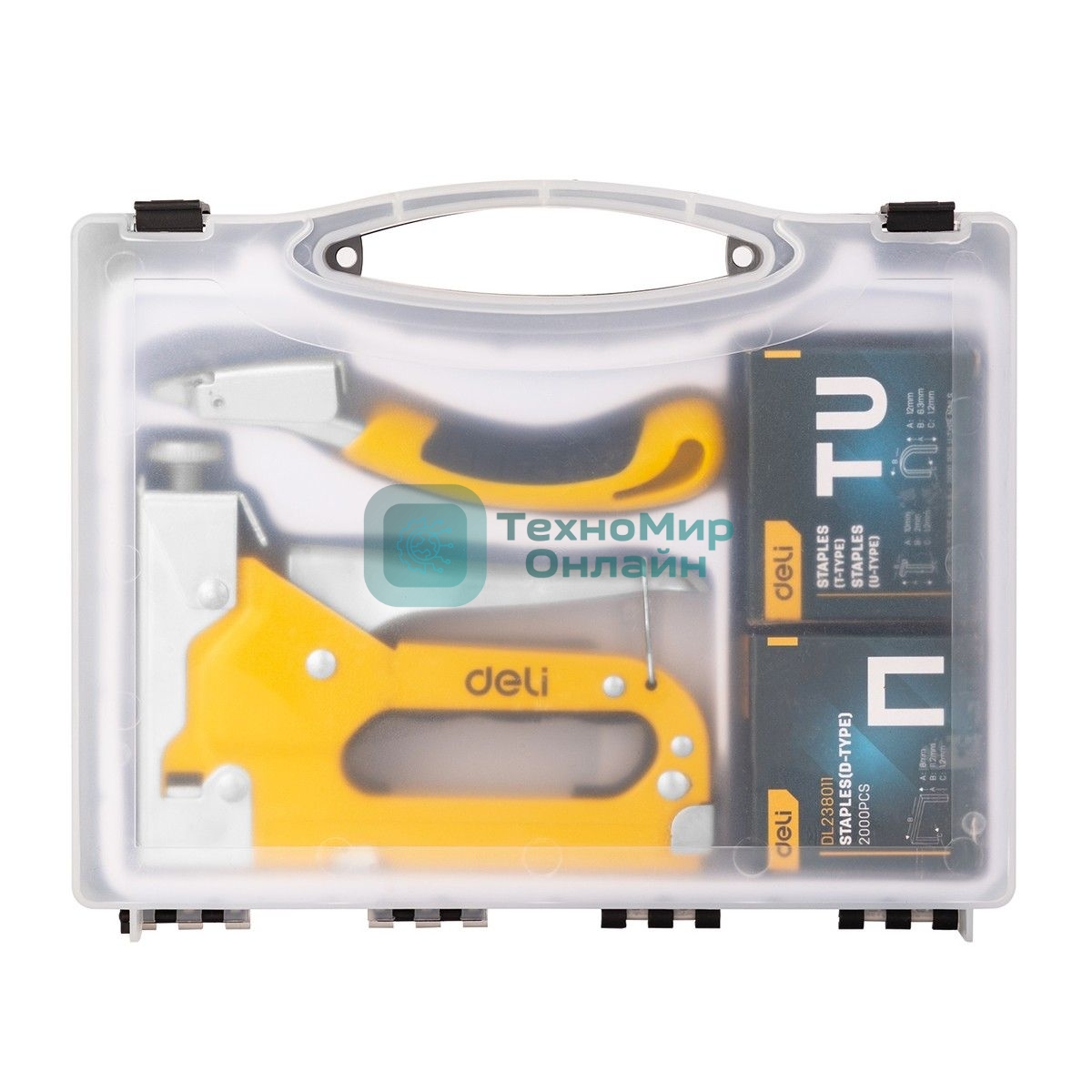 Мебельный степлер Deli DL238105 с набором скоб + антистеплер Набор: 2000шт дверные гвозди. 2000шт Т-гвозди. 2000шт U-гвозди. 1шт скобоудалитель.