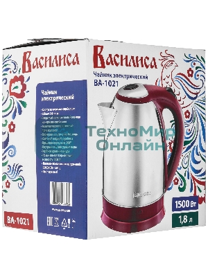 Чайник электрический ВАСИЛИСА ВА-1021 нерж. красный: 1500 Вт, 1.8 л (12)