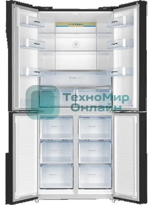 Холодильник Maunfeld MFF181NFB черный глянцевый, трехкамерный, 333/164л, морозилка сбоку, No Frost, Side by Side