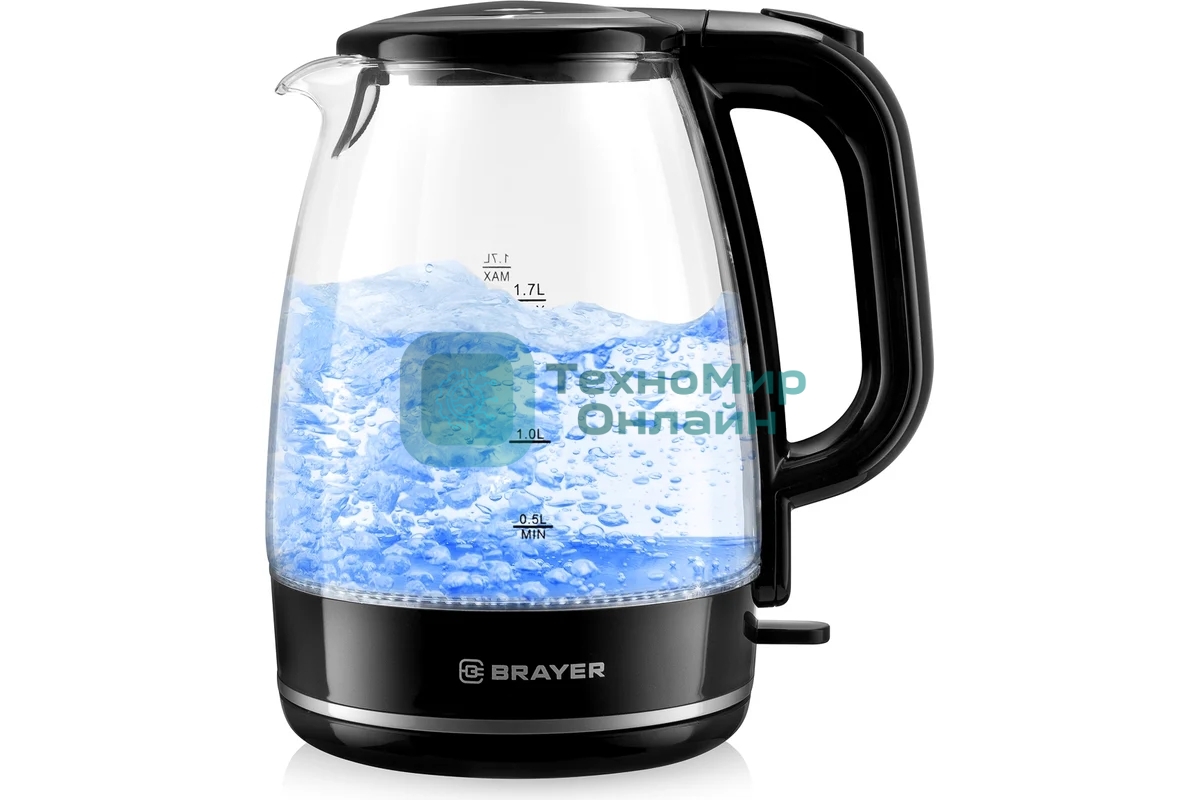 Чайник электрический BRAYER BR1030, 2200 Вт, 1.7 л, стек л,корп,автоотк л,при.закип,подсвет