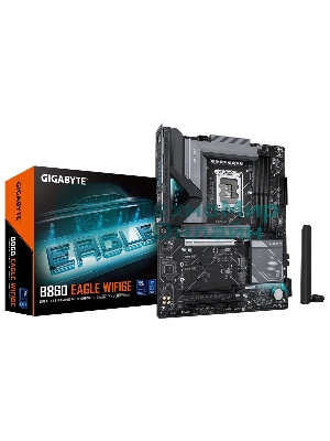 Материнская плата Gigabyte B860 EAGLE WIFI6E, LGA 1851, Intel B860, 4xDDR5, 4xSATA, 3xM.2, 1xPCIe 5.0 x16, 2xPCIe 4.0 x16, 1xHDMI, 1xDP, 1x 2.5Gb LAN, 4xUSB-A 2.0, 1xUSB-A 3.2 Gen 1, 1xUSB-A 3.2 Gen 2, 1xUSB-C 3.2 Gen 2x2, 7.1, 3x3.5 мм, ATX