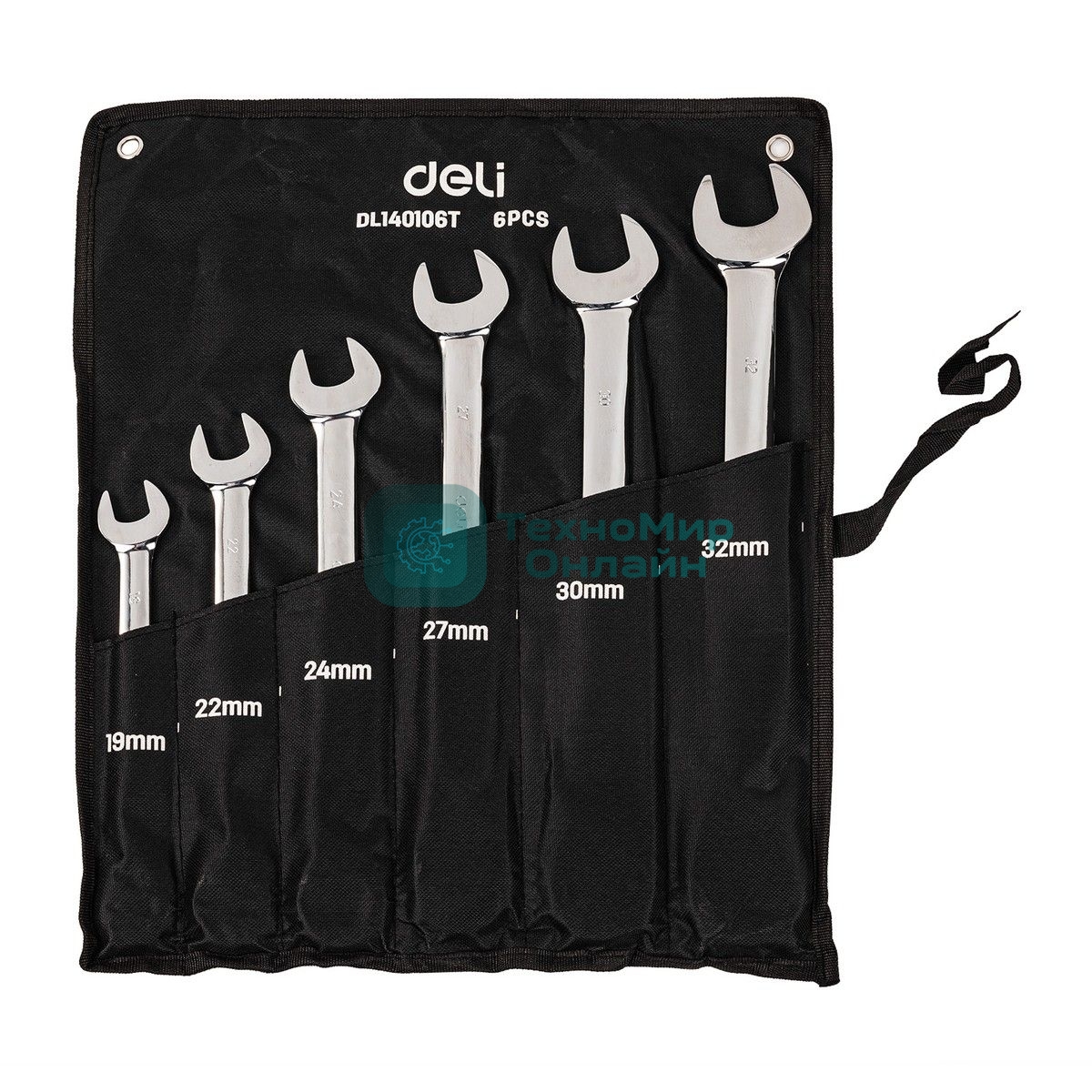 Набор комбинированных ключей с трещоткой 6 шт Deli DL140106T Спецификация: 19,22,24,27,30,32мм. Сталь 40 Cr. Трещотка 50BV30 72Т. Чехол из ткани Oxford