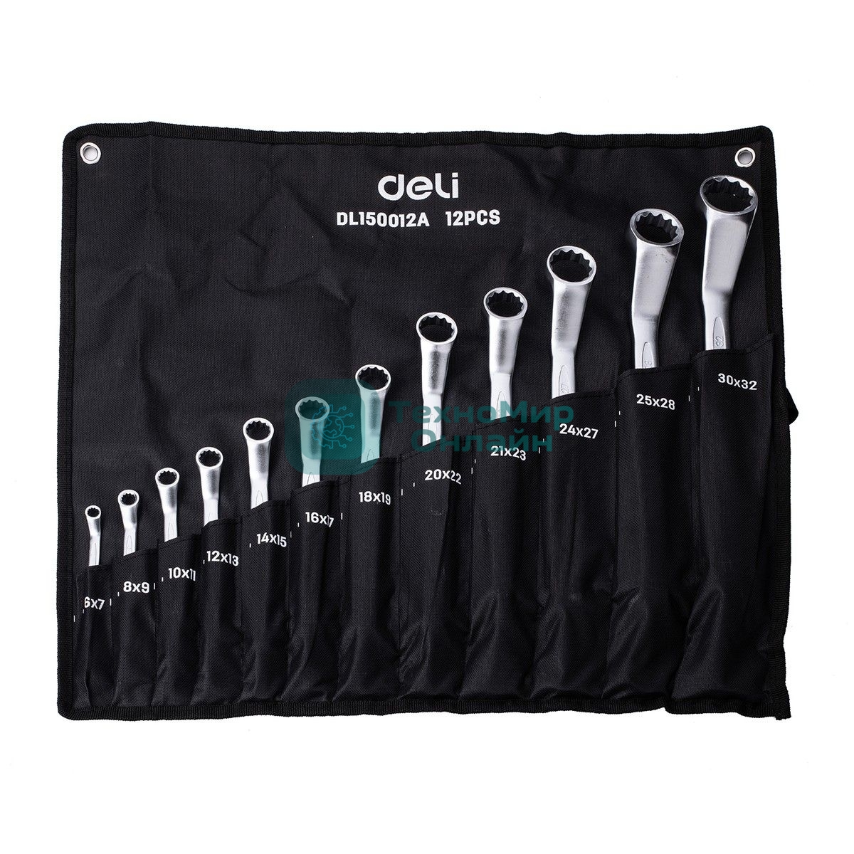 Набор накидных изогнутых гаечных ключей 12 шт Deli DL150012A Спецификация: 6x7, 8x9, 10x11, 12x13, 14x15, 16x17, 18x19, 20x22, 21х23, 24х27, 25х28, 30х32. Матовая хромированная поверхность. Чехол из ткани Oxford.