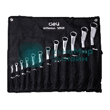 Набор накидных изогнутых гаечных ключей 12 шт Deli DL150012A Спецификация: 6x7, 8x9, 10x11, 12x13, 14x15, 16x17, 18x19, 20x22, 21х23, 24х27, 25х28, 30х32. Матовая хромированная поверхность. Чехол из ткани Oxford.