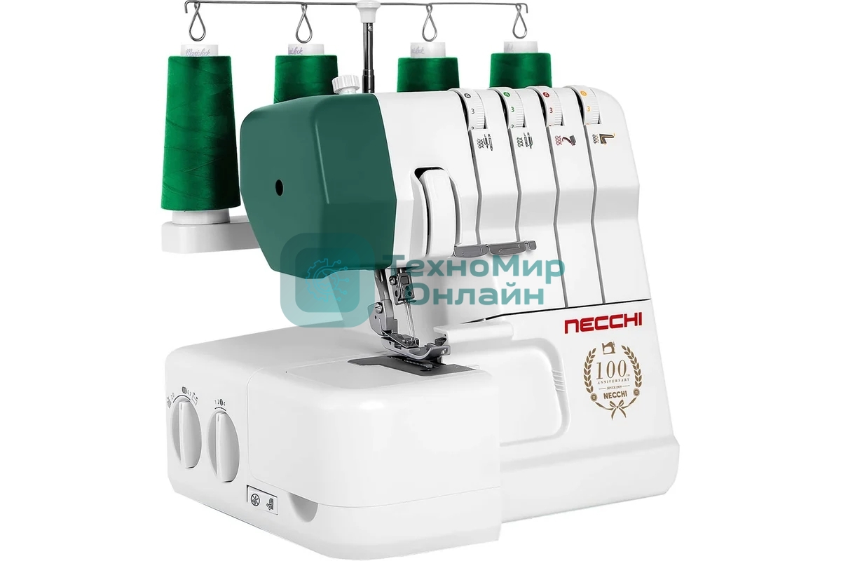Оверлок Necchi 4537 2/3/4-х ниточный оверлок, LED подсветка, 12 видов швов, встроенный роликовый шов, встроенный дифференциал, свободный рукав, цветная система заправки, отключаемый верхний нож, металлическая станина¶Ширина шва 3 – 7мм, мах.длинна стежка 4мм, скорость шитья 1300ст/мин, мощность 100Вт., чехол мягкий.