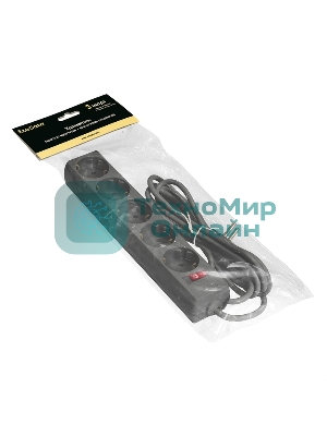 Удлинитель ExeGate EC-5-3B (EX279357RUS), черный, 3 м, 	евровилка с заземлением, 5 евророзеток с заземлением, 2200 Вт