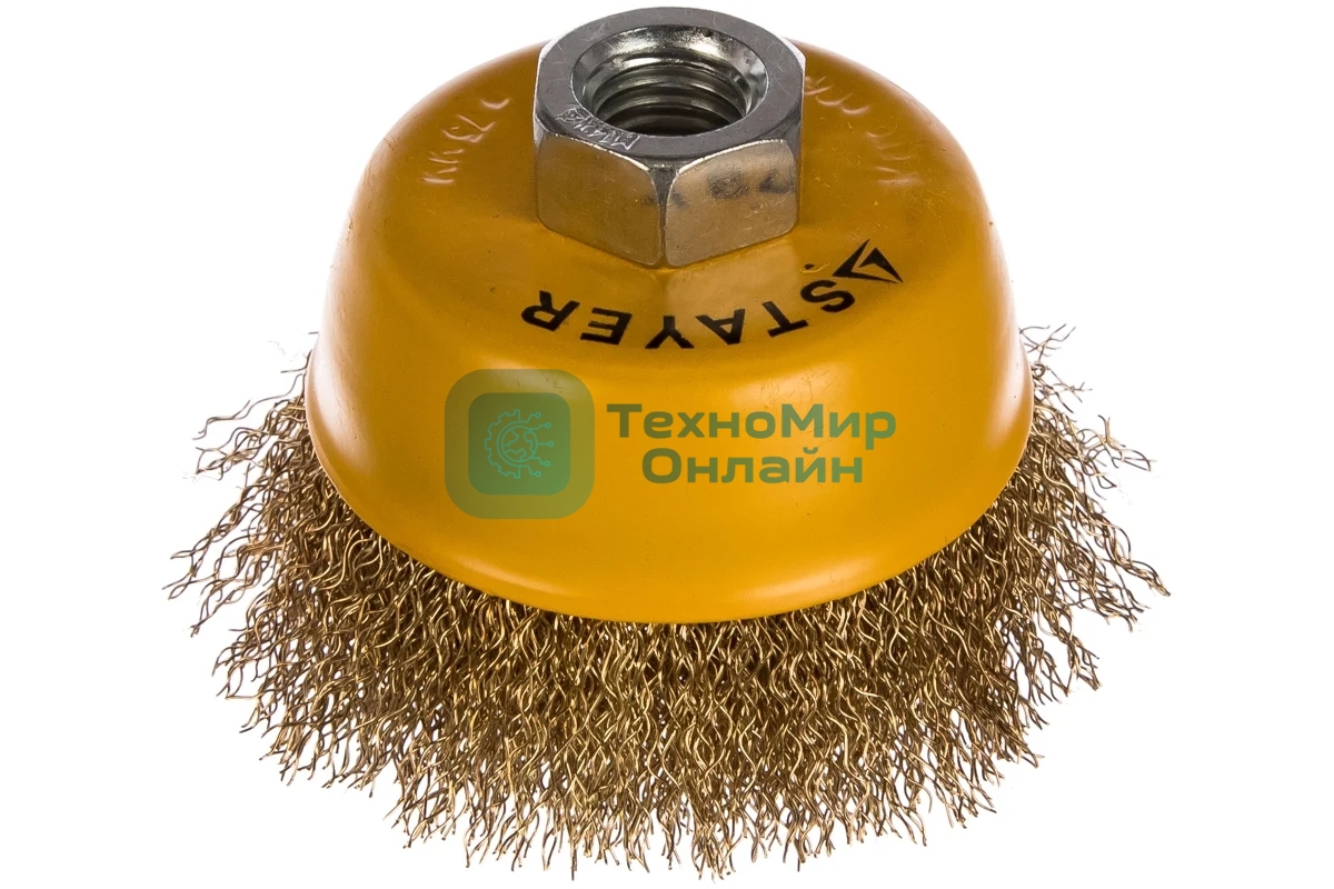 Кордщетка STAYER 35125-075_z01чашечная витая латунированная стальная проволока 0.3мм 75мм/М14