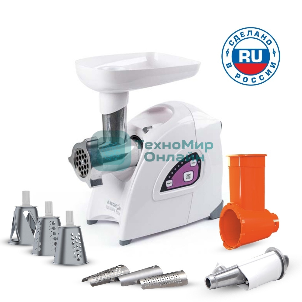 Мясорубка электрическая Аксион М642.02 белый, 2000 Вт, 3 кг/мин, реверс, защита от перегрузки, насадки - 4