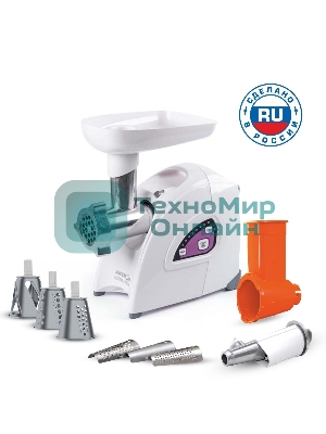 Мясорубка электрическая Аксион М642.02 белый, 2000 Вт, 3 кг/мин, реверс, защита от перегрузки, насадки - 4