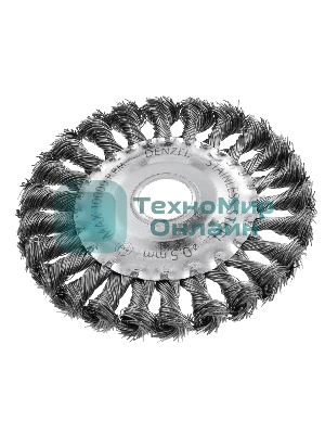 Щетка для УШМ Denzel 125 мм, плоская, крученая нержавеющая проволока 0,5 мм, посадка 22,2 мм