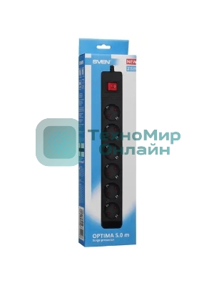 Сетевой фильтр SVEN Optima 5,0 м (6 розеток с защитными шторками) черный, цветная коробка