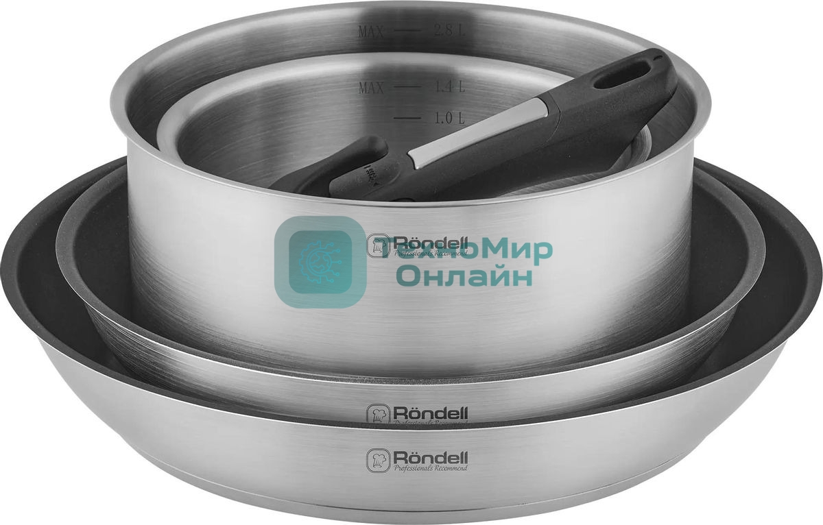 Набор Rondell RDS-1315, 5 предм: Кастрюли б/кр 16 см (1,4 л), 20 см (2,8 л), сковороды б/кр 26x5 см, 28x5 см, съемная